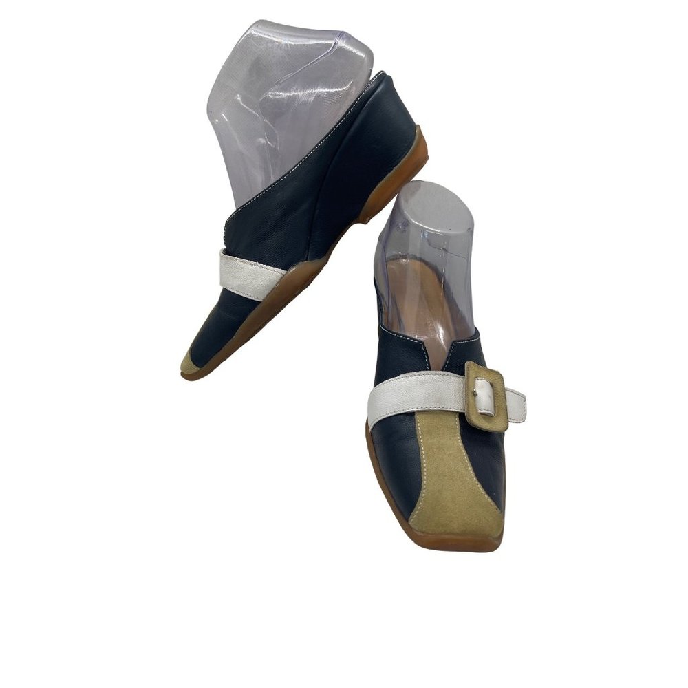 Vtg.1960s PLR Bottier Mod Buckle Slide Color Block Navy Tan Leather Sz.38 - Picture 3 of 6